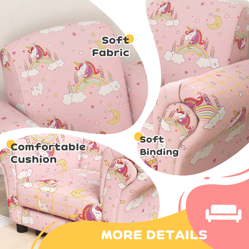 AIYAPLAY 2 Piece Kids Sofa Set with Unicorn Design, for Nursery, Pink