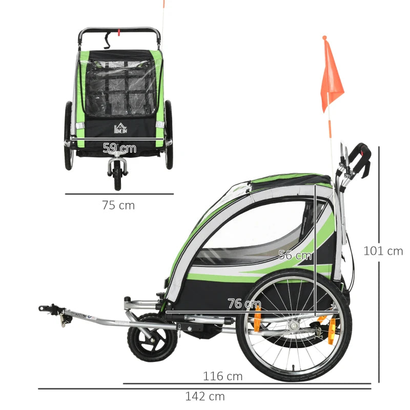 HOMCOM Child Bike Trailer 2 In 1 Baby Stroller = Green