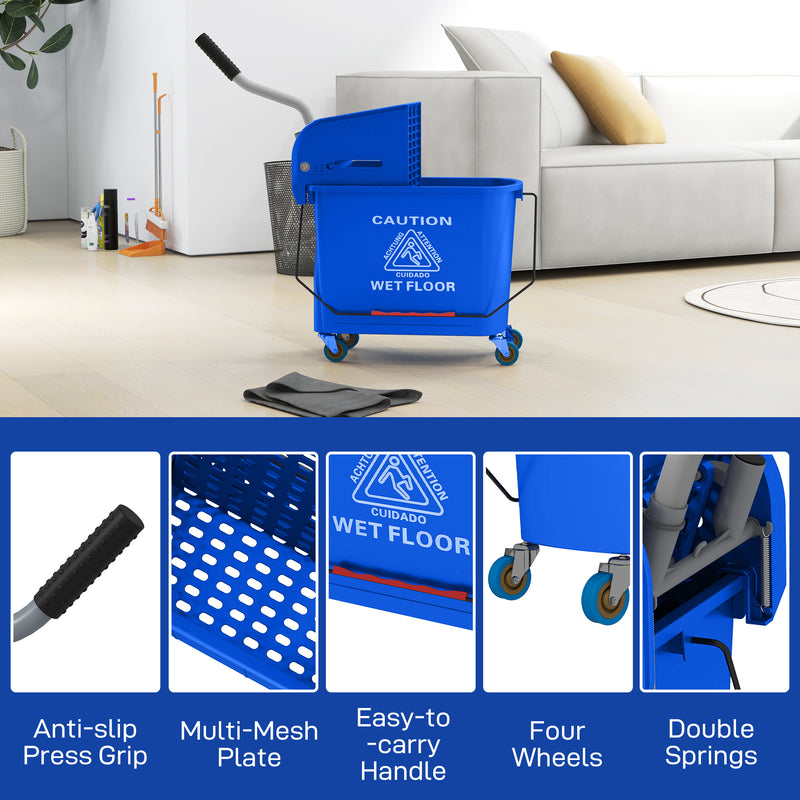 HOMCOM 20L Mop Bucket with Wringer Handle on Wheels for Floor Cleaning Blue