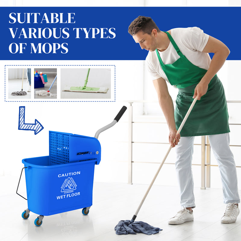 HOMCOM 20L Mop Bucket with Wringer Handle on Wheels for Floor Cleaning Blue
