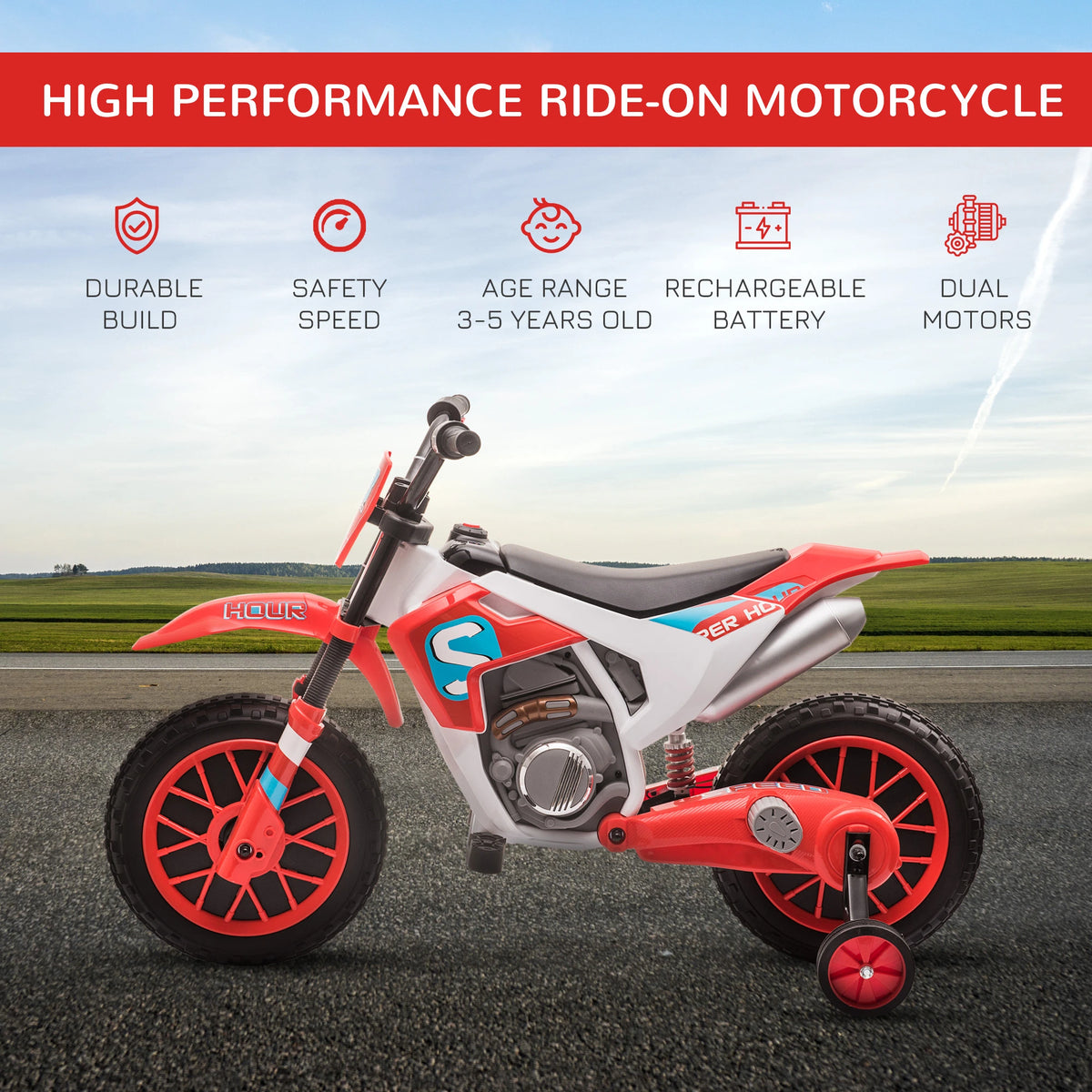 HOMCOM 12V Kids Electric Motorcycle Ride for Ages 3 6 Years Red