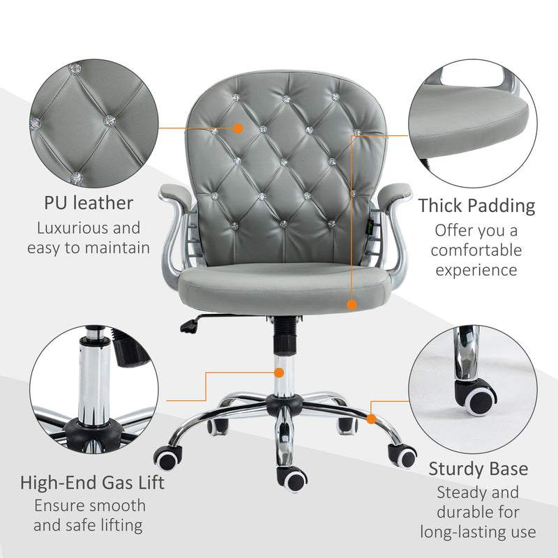 Vinsetto Office Chair PU Diamante Padded Ergonomic 360° Swivel - White/Grey/Pink