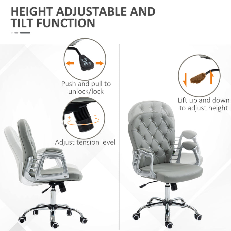 Vinsetto Office Chair PU Diamante Padded Ergonomic 360° Swivel - White/Grey/Pink