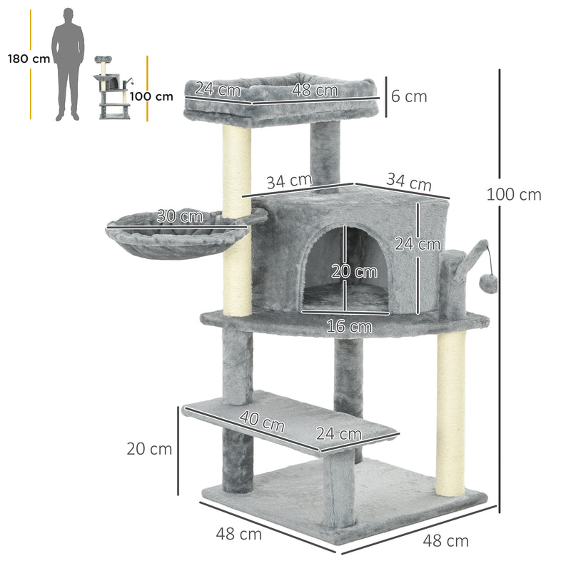 PawHut Cat Tree Tower Climbing  Activity Centre with Sisal Scratching Post Grey