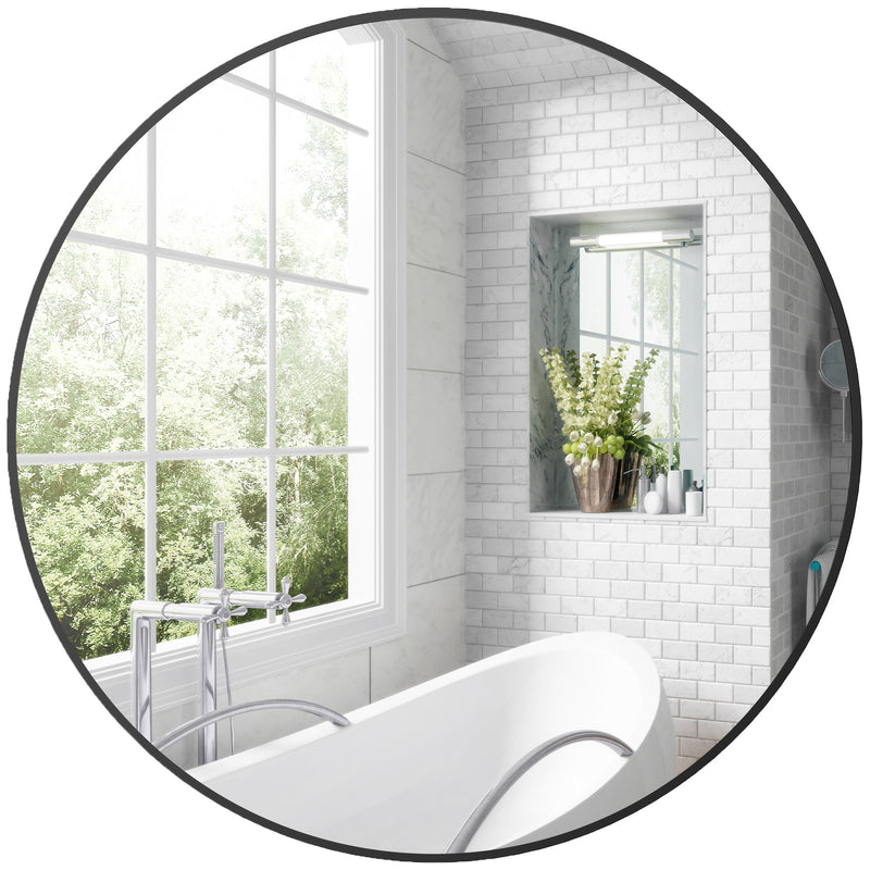HOMCOM Round Bathroom Mirror, Modern Wall Mirror with Steel Frame, Black