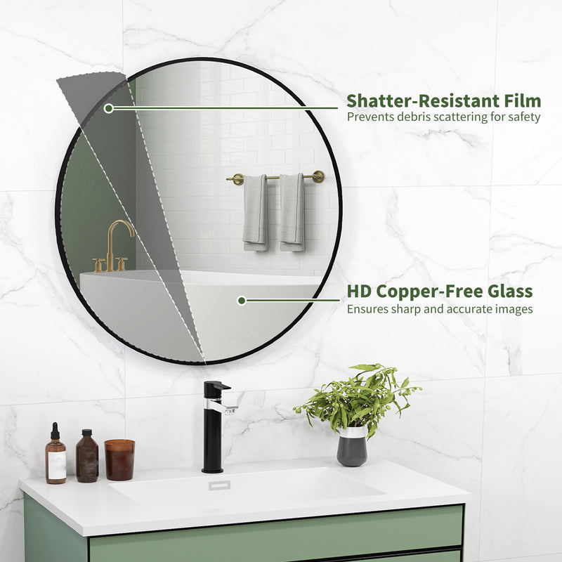 HOMCOM Round Bathroom Mirror, Modern Wall Mirror with Steel Frame, Black