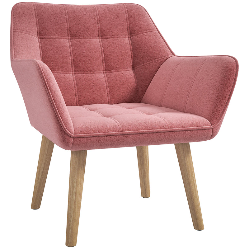 HOMCOM Velvet-Feel Pink Accent Chair with Arms Slanted Back Wood Legs