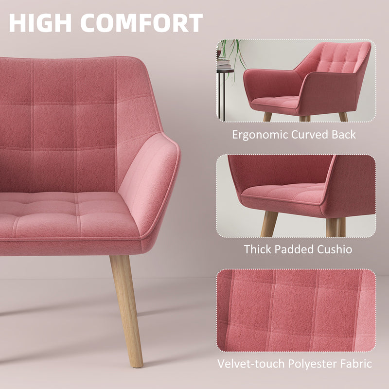 HOMCOM Velvet-Feel Pink Accent Chair with Arms Slanted Back Wood Legs