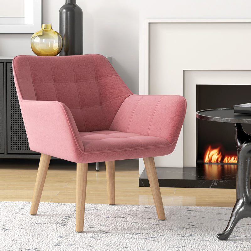 HOMCOM Velvet-Feel Pink Accent Chair with Arms Slanted Back Wood Legs