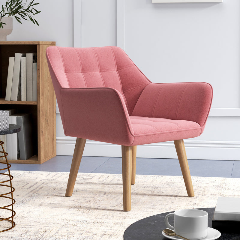 HOMCOM Velvet-Feel Pink Accent Chair with Arms Slanted Back Wood Legs