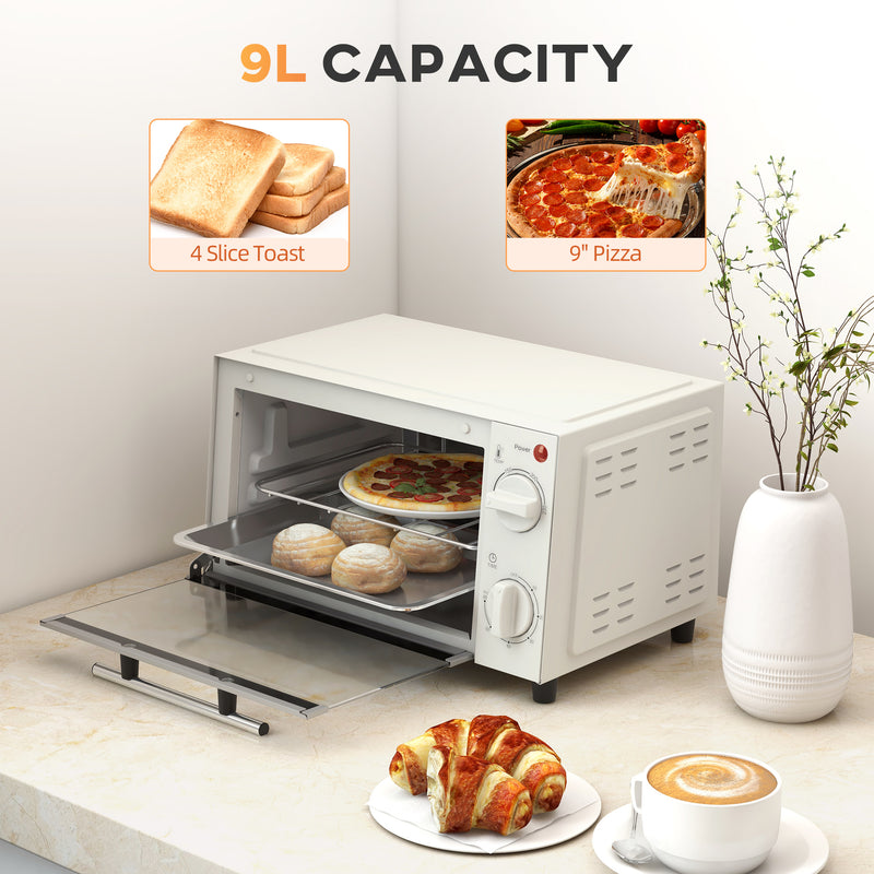 HOMCOM Mini Oven 9L Countertop Electric Grill w/ Temp Timer Control 750W Cream