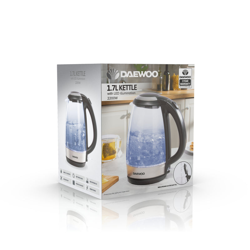 Daewoo 1.7L 2.2KW Glass Kettle With Led - Silver