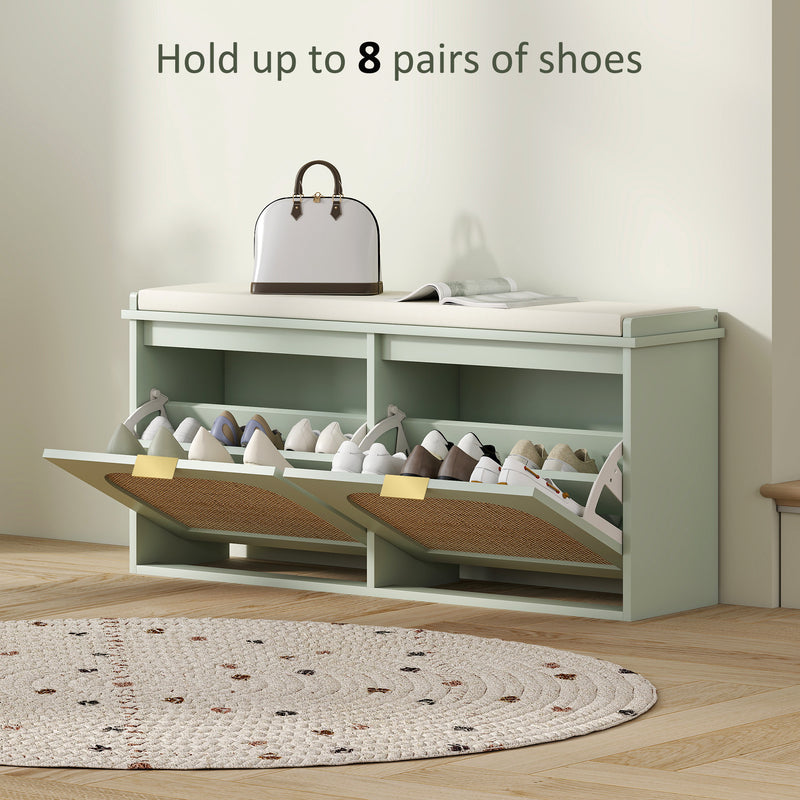 HOMCOM Boho Shoe Bench with Padded Seat and 2 Flip-Drawers