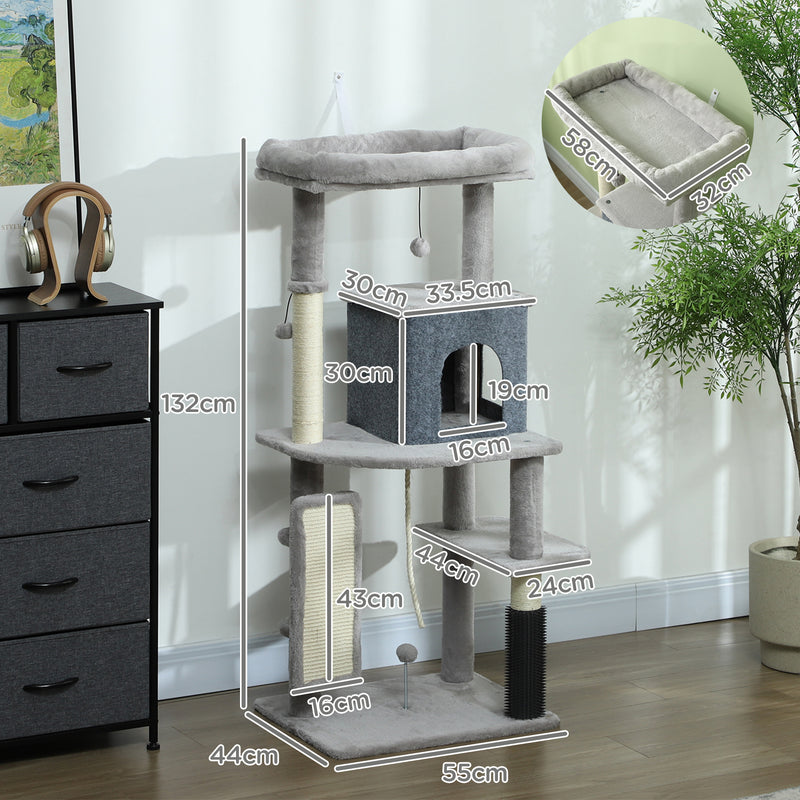 PawHut 132cm Cat Tree for Indoor Cats w/ Scratching Posts, Light Grey
