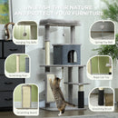 PawHut 132cm Cat Tree for Indoor Cats w/ Scratching Posts, Light Grey