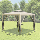 Outsunny 3 x 3 m Gazebo, Netting Party Tent w/ Double Tier Roof, Beige