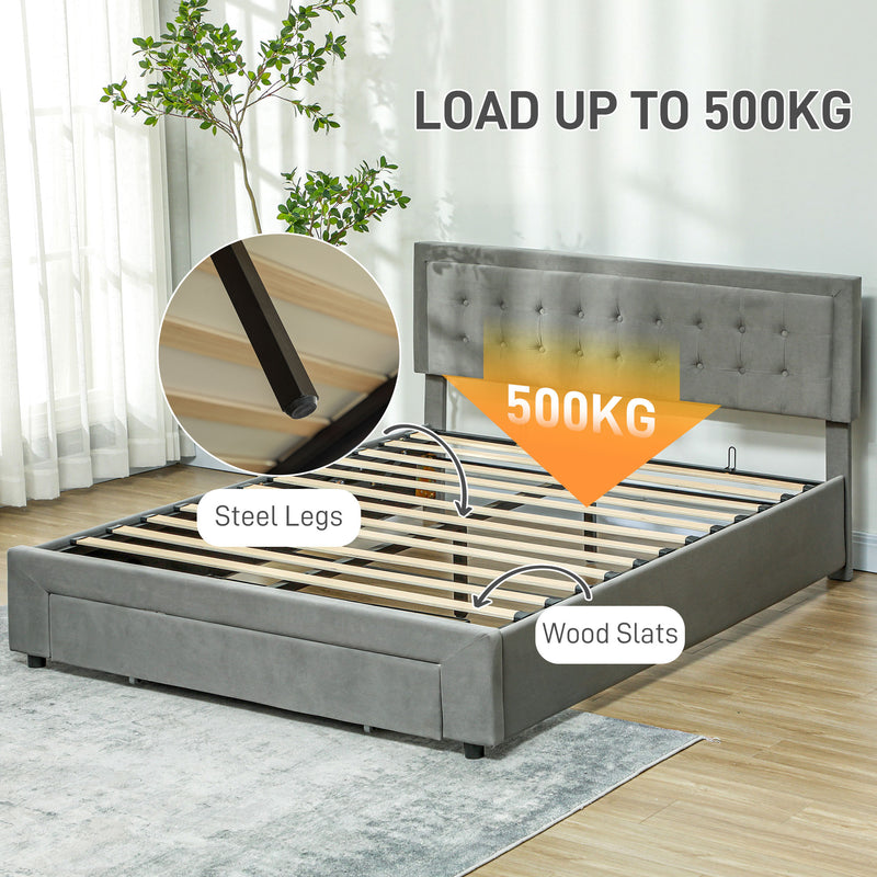 HOMCOM King Size Bed Frame With Storage And Adjustable Velvet Headboard