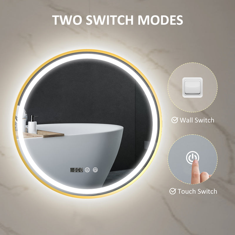 HOMCOM Illuminated Bathroom LED Mirror Round Wall Mounted Mirror Gold