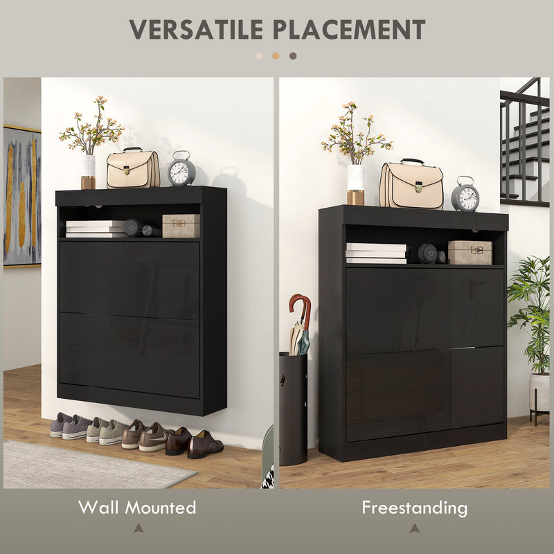 HOMCOM Wall Mounted Or Freestanding Shoe Cabinet With 2 Flip Drawers, White/Black