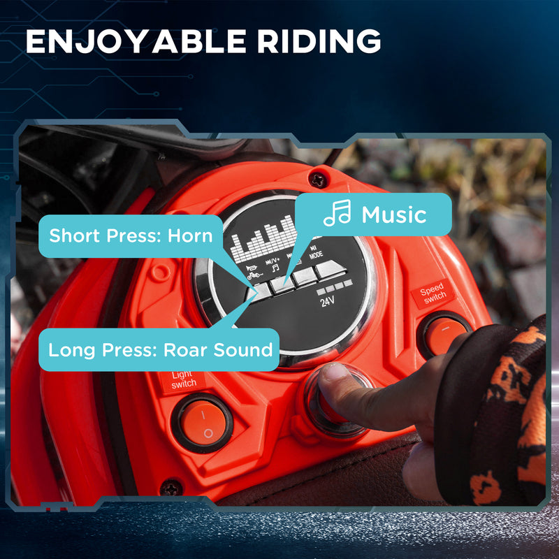 HOMCOM 24V Kids Red Electric Motorbike With Twist Grip Throttle, Music, Horn