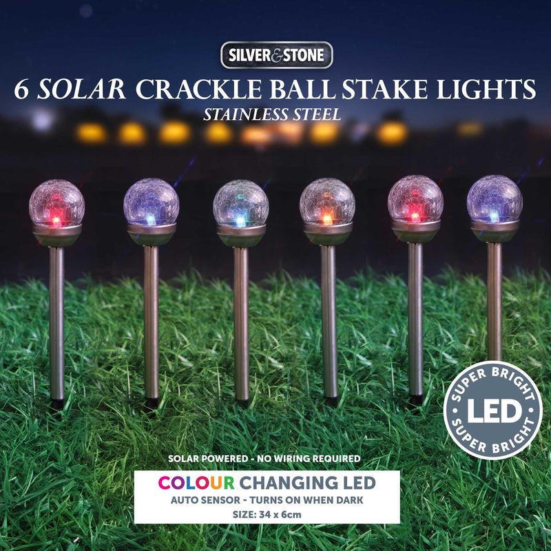 Silver & Stone Solar Powered Crackle Ball Stakes Pack Of 6 Colour Changing