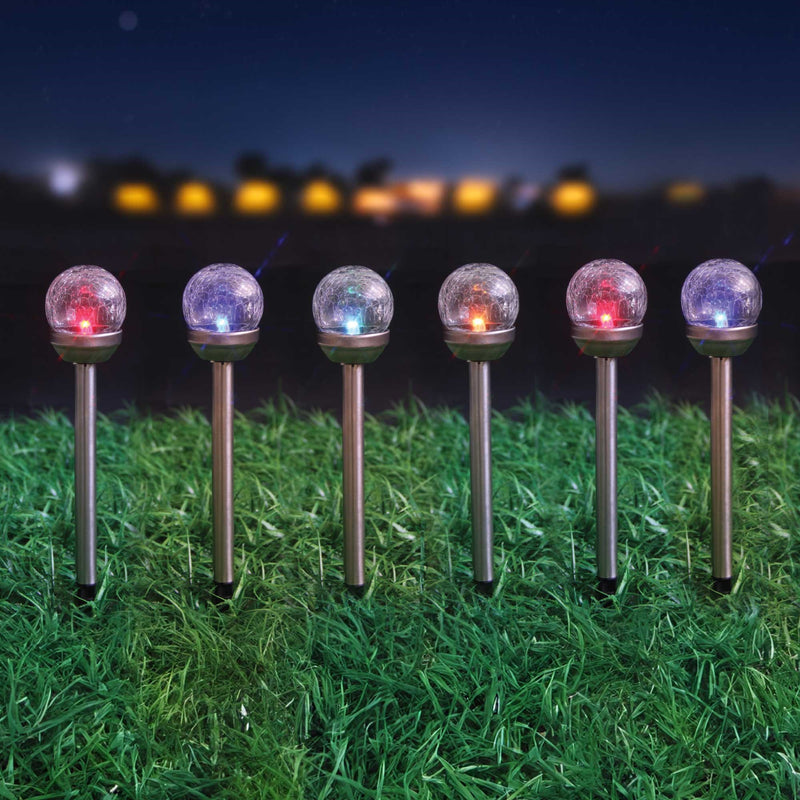 Silver & Stone Solar Powered Crackle Ball Stakes Pack Of 6 Colour Changing