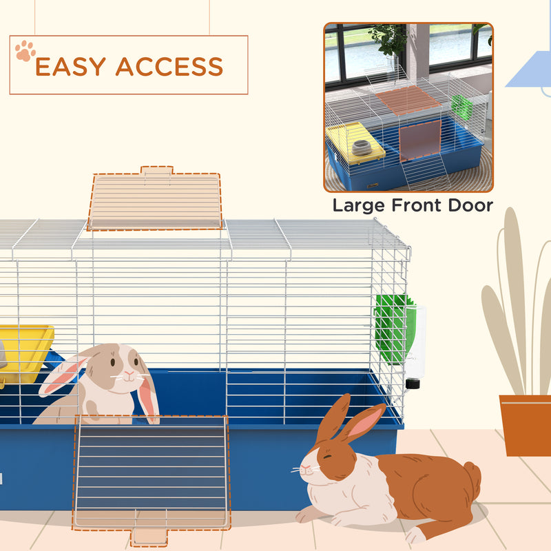PawHut Small Animal Cage, Rabbit Guinea Pig Hutch, Pet Playhouse, Blue