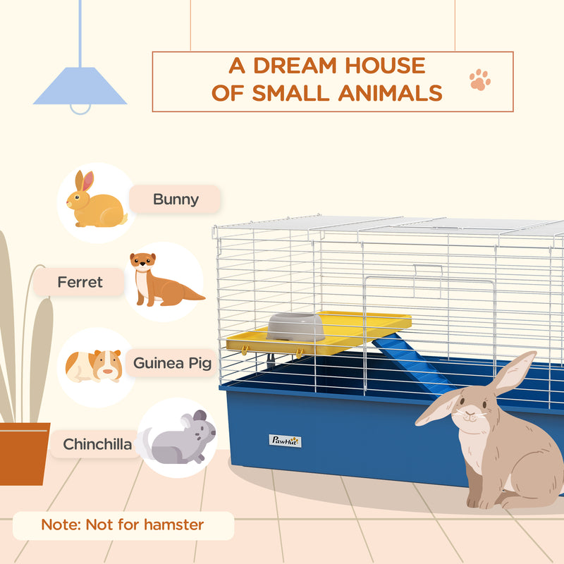 PawHut Small Animal Cage, Rabbit Guinea Pig Hutch, Pet Playhouse, Blue