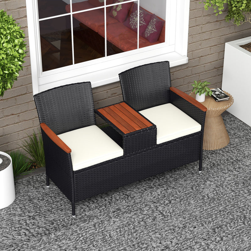 Outsunny Rattan Garden Bench w/ Wood Top Table, Wicker Chair w/ Cushions, Black