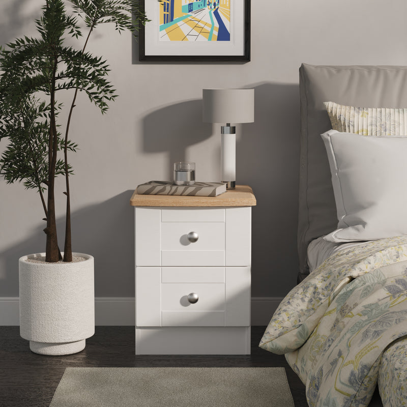 Tutbury Ready Assembled 2 Drawer Bedside Cabinet in White Ash & Bardolino Oak