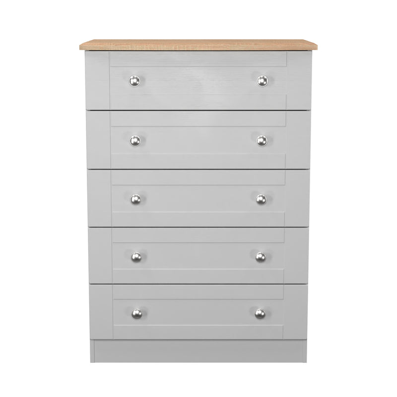 Tutbury Ready Assembled 5 Drawer Chest in Grey Ash & Bardolino Oak
