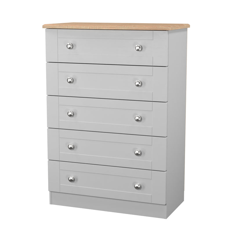Tutbury Ready Assembled 5 Drawer Chest in Grey Ash & Bardolino Oak
