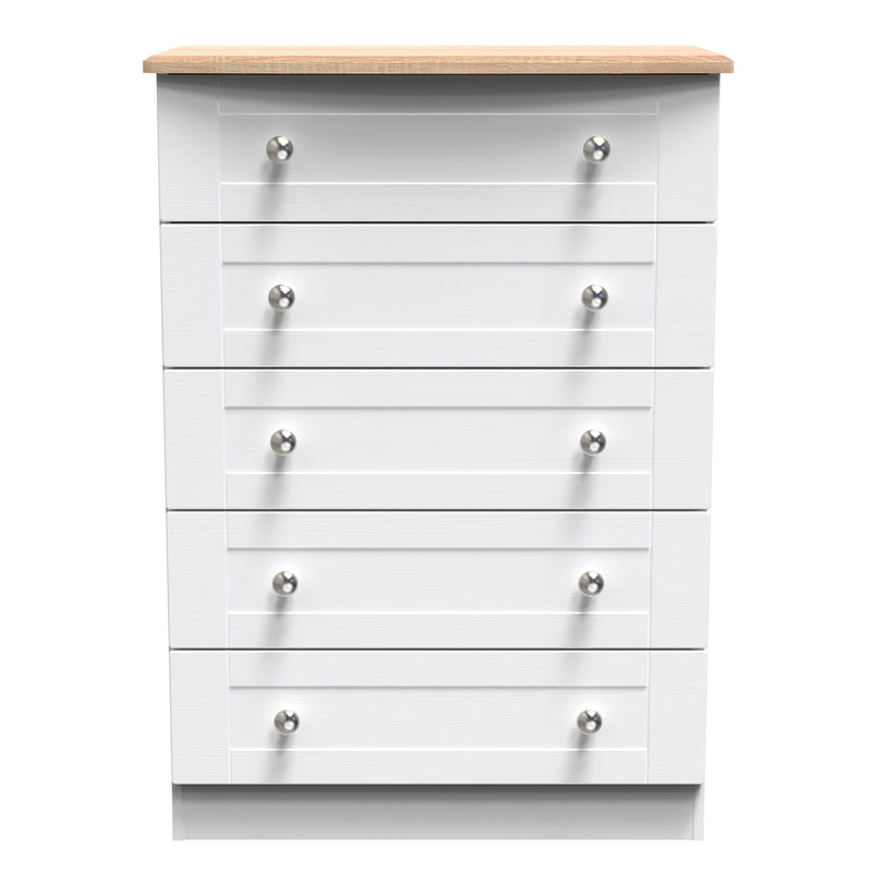 Tutbury Ready Assembled 5 Drawer Chest in White Ash & Bardolino Oak