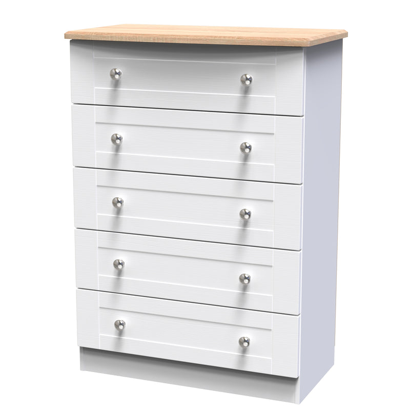 Tutbury Ready Assembled 5 Drawer Chest in White Ash & Bardolino Oak