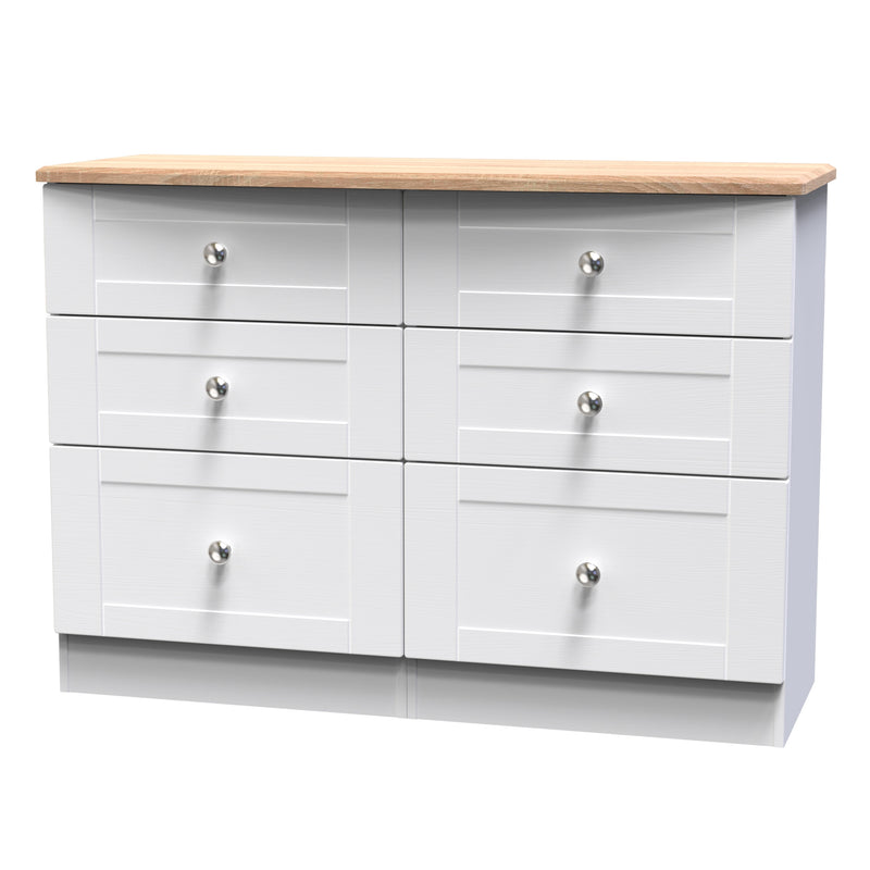 Tutbury Ready Assembled 6 Drawer Wide Chest in White Ash & Bardolino Oak