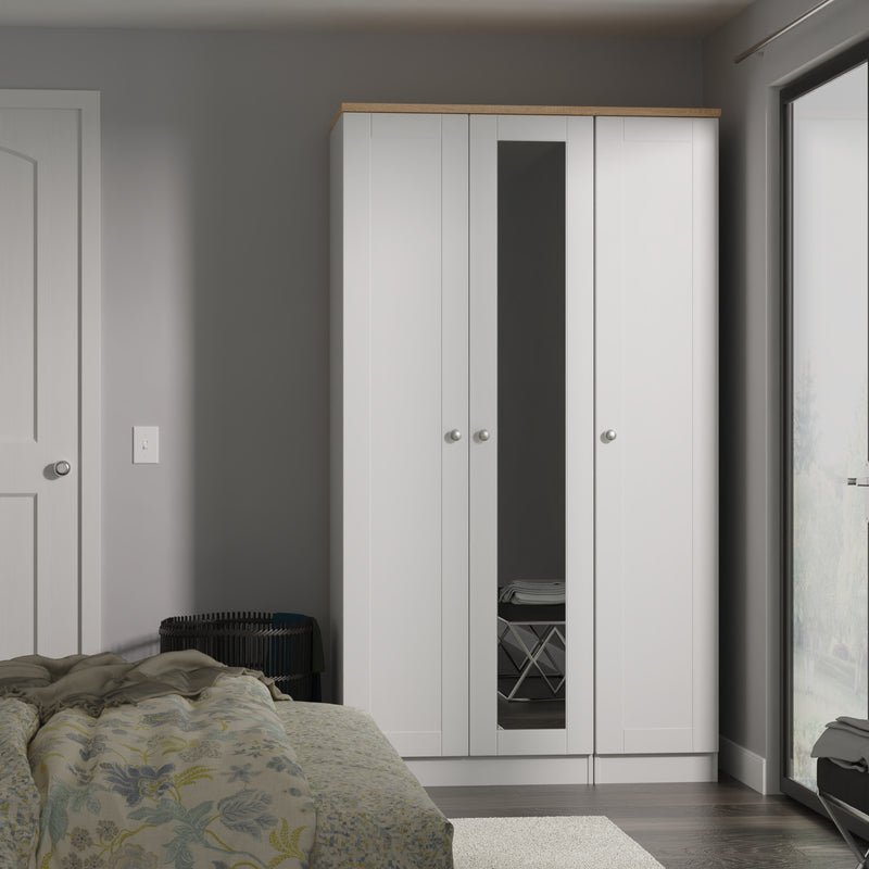 Tutbury Ready Assembled Tall Triple Mirror Wardrobe in Grey Ash & Bardolino Oak