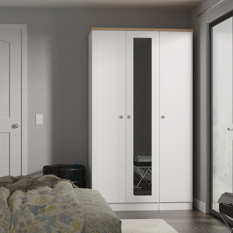 Tutbury Ready Assembled Tall Triple Mirror Wardrobe in White Ash & Bardolino Oak