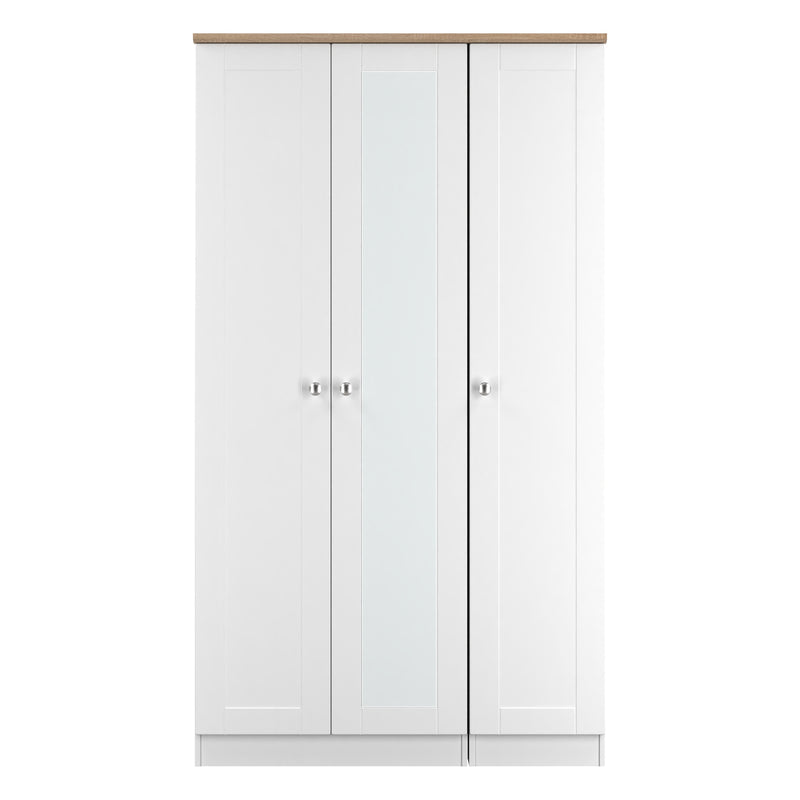 Tutbury Ready Assembled Tall Triple Mirror Wardrobe in White Ash & Bardolino Oak