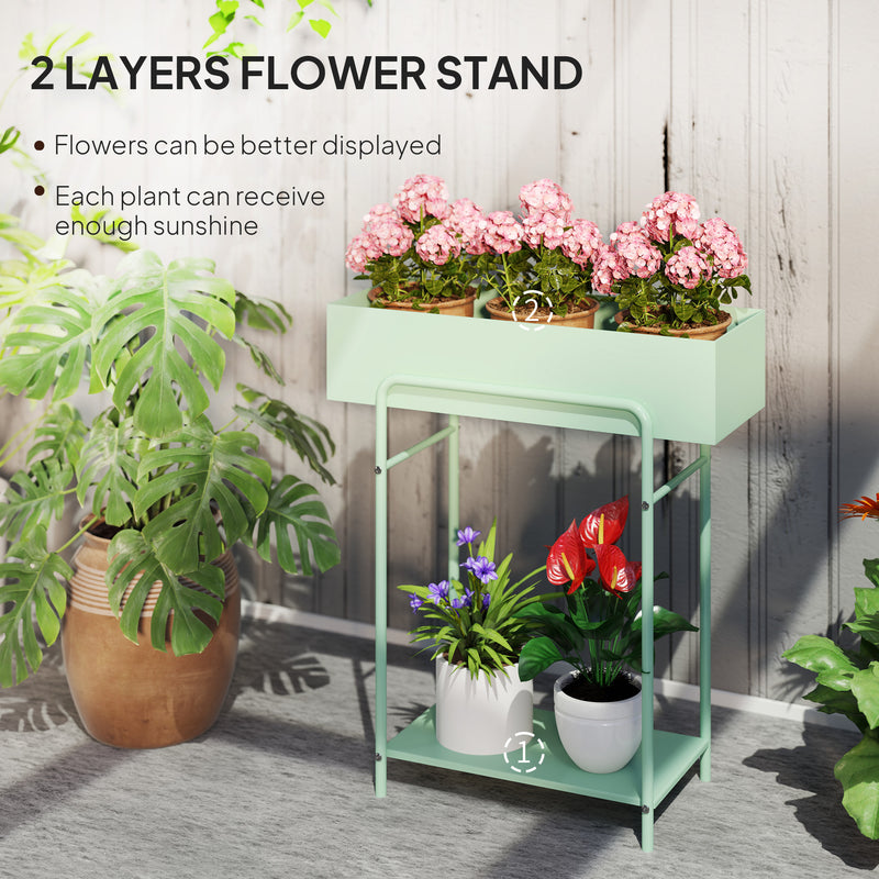 Outsunny 2 Tier Plant Stand, Metal Plant Rack with Drain Holes, Green
