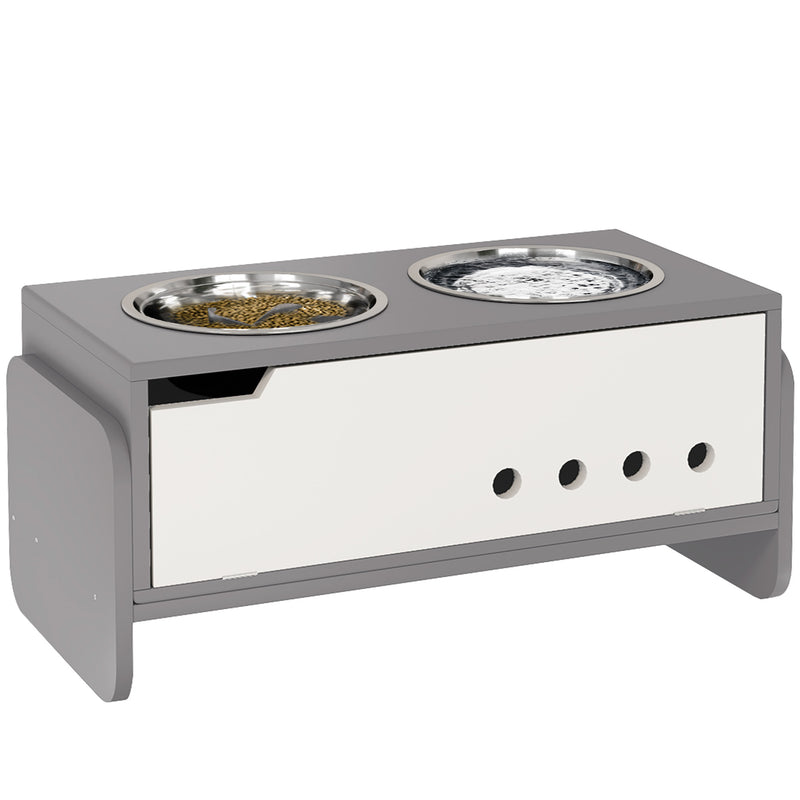 PawHut Height Adjustable Dog Feeding Storage w/ 2 Stainless Steel Bowls