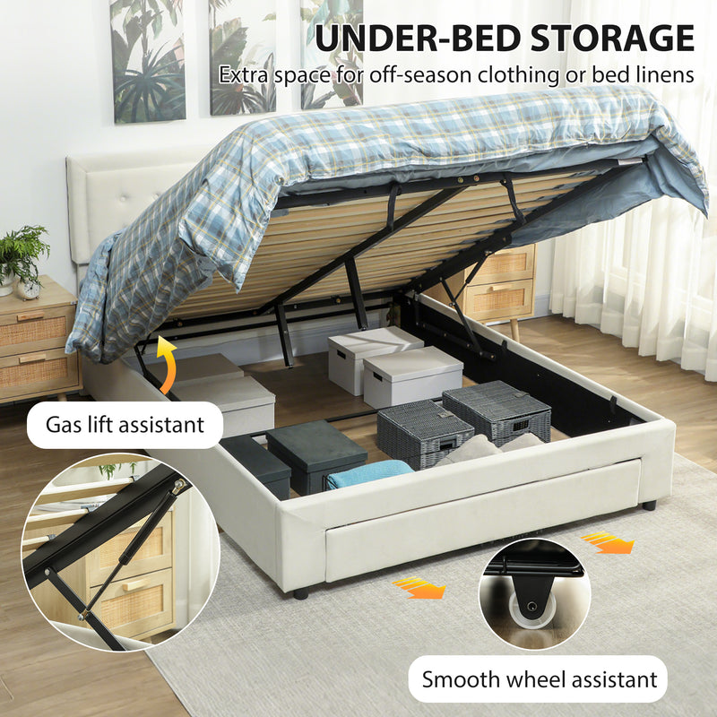 HOMCOM Double Bed Frame with Storage and Adjustable Velvet Headboard