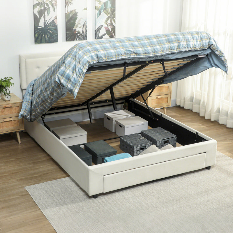 HOMCOM Double Bed Frame with Storage and Adjustable Velvet Headboard