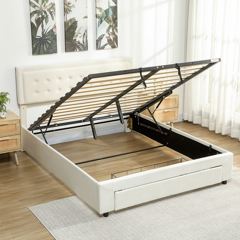 HOMCOM Double Bed Frame with Storage and Adjustable Velvet Headboard