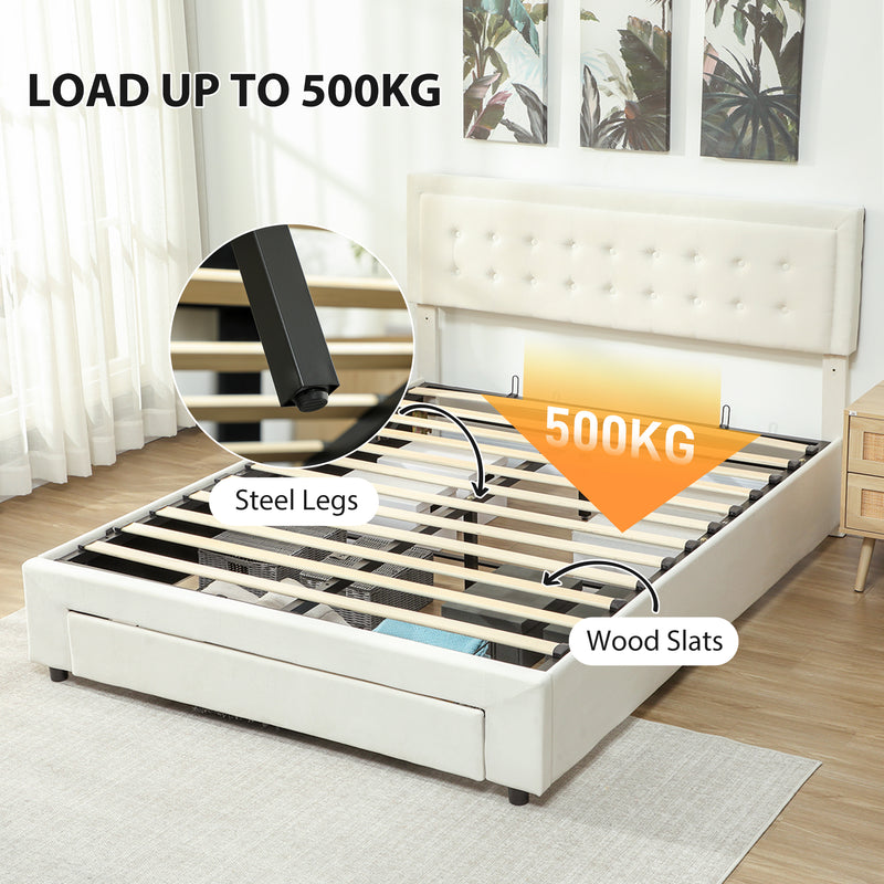 HOMCOM Double Bed Frame with Storage and Adjustable Velvet Headboard