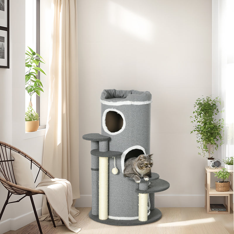 PawHut Barrel Shaped Cat Tree For Indoor Cats With Sisal Scratching Posts, Grey
