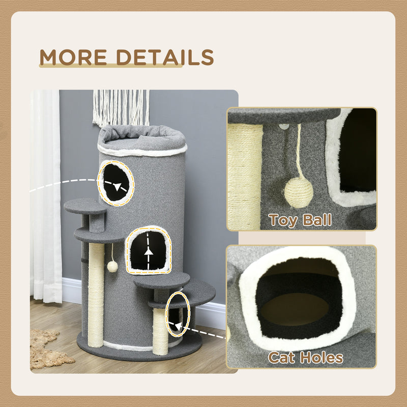 PawHut Barrel Shaped Cat Tree For Indoor Cats With Sisal Scratching Posts, Grey