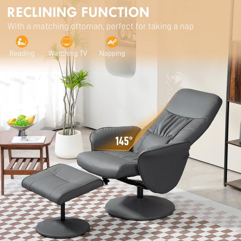 HOMCOM PU Leather Armchair And Footrest Swivel Recliner W/ Ottoman Light Grey/Cream/Dark Grey