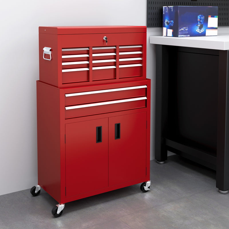 HOMCOM Top Chest and Roller Cabinet Combo Metal Tool Cabinet on Wheels Red