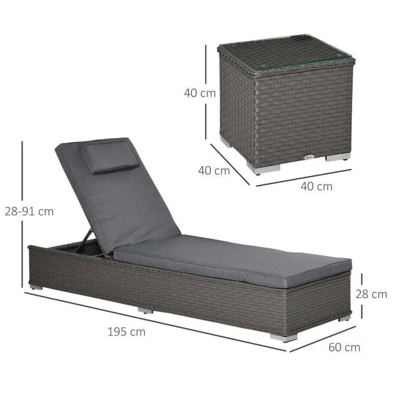 Outsunny Outdoor Rattan Lounger Set with Table - Grey