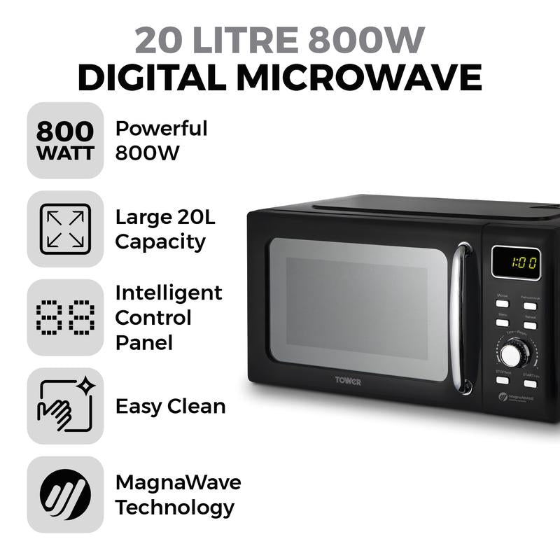 Tower Digital Microwave Mirror Door 800w 20L - Black and Chrome